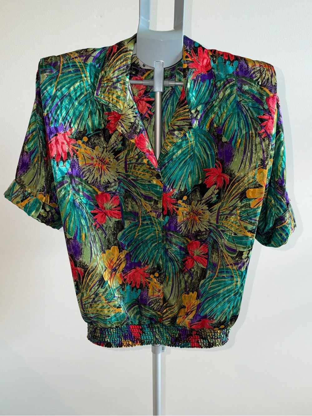 Vintage Gales Tropical blouse Women's Hawaiian Floral Smocked Hem Made USA